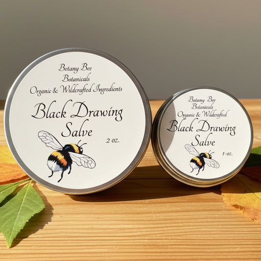 Two tins of Botany Bee Botanicals Black Drawing Salve on a wooden surface with a brown background.