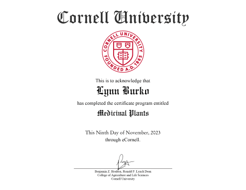 Cornell University Medicinal Plants Certificate for Black Cohosh Tincture