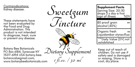Black and white product label for Sweetgum Tincture dietary supplement by Botany Bee Botanicals, featuring product name, contraindications, usage warnings, and a supplement facts box.