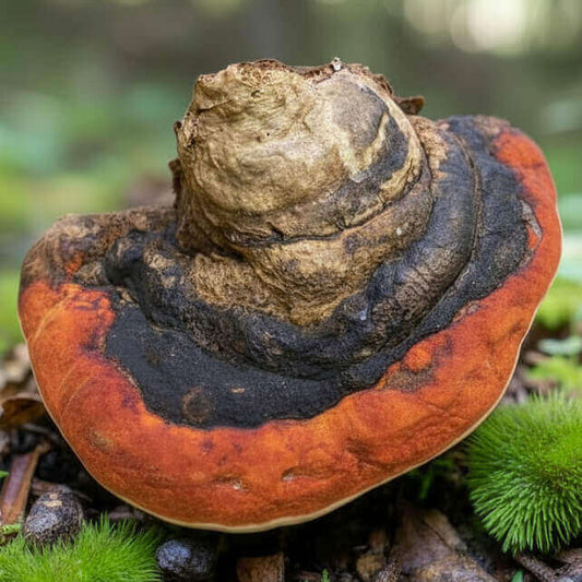 A close-up of a large bracket mushroom growing outdoors on forest floor debris with moss and leaves. The mushroom has a thick, wavy orange-red margin, a broad black band, and a tan to brown textured center.
