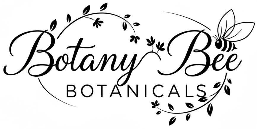 New products. Botany Bee Botanicals logo featuring elegant text with leaves and a bee, representing new & exciting products.