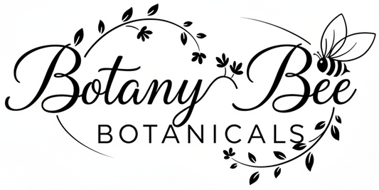 New products. Botany Bee Botanicals logo featuring elegant text with leaves and a bee, representing new & exciting products.