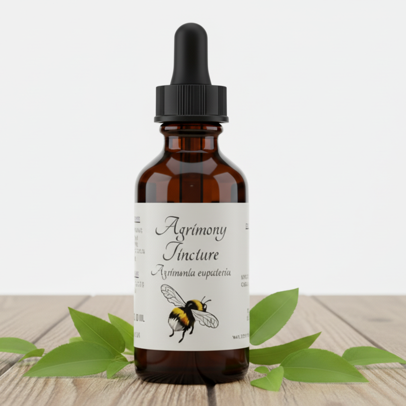 Agrimony Tincture label with bee illustration and text on a white background