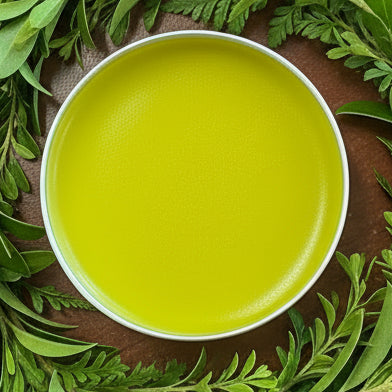 Yellow substance in a metal container on a brown surface