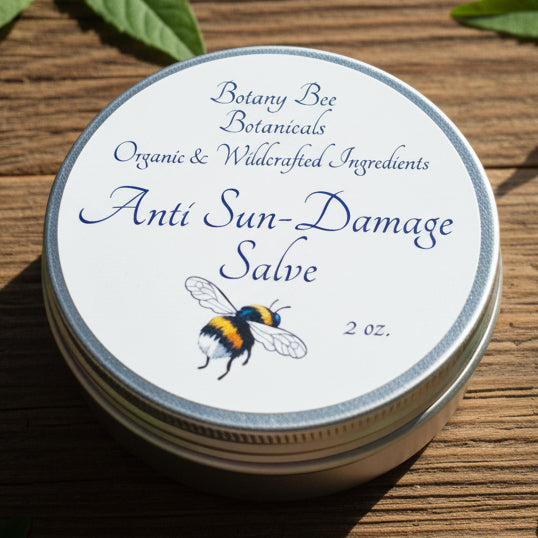 Anti Sun-Damage Salve container with Botany Bee Botanicals label on a wooden surface
