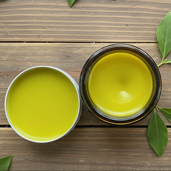 Two containers of yellow cream on a wooden surface