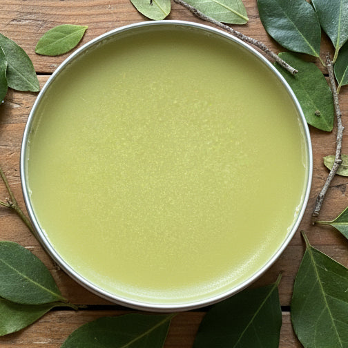 Green paste in a metal container surrounded by green leaves on a wooden surface