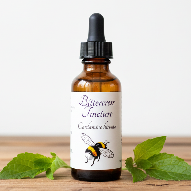 Label for Bittercress Tincture with a bee illustration on a white background