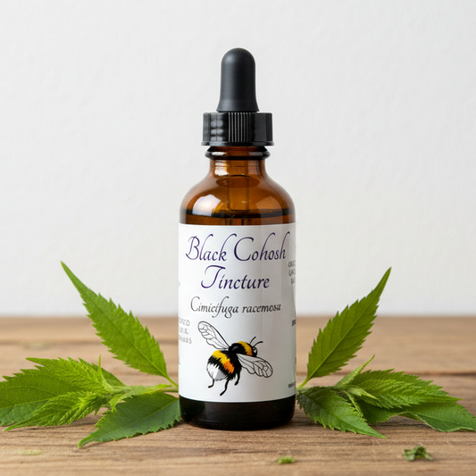 Label for Black Cohosh Tincture with bee illustration and text on a white background