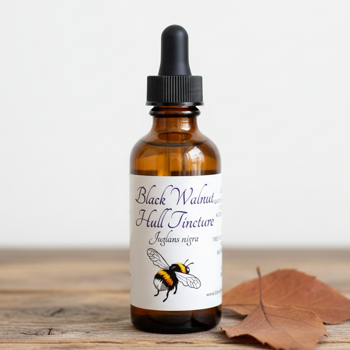 Label for Black Walnut Hull Tincture with a bee illustration on a white background