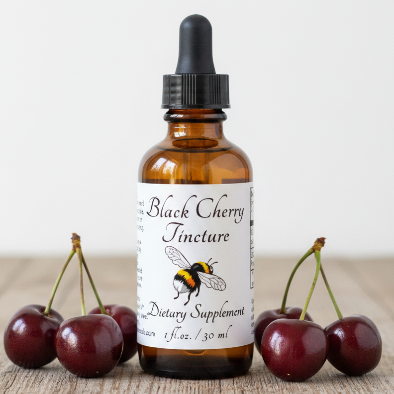 Label of Black Cherry Tincture dietary supplement with bee illustration and text.