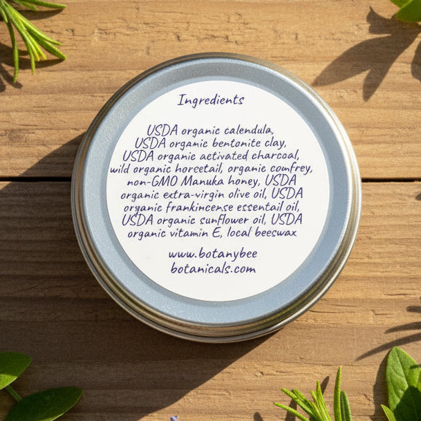 Tin lid with ingredient list on a wooden surface