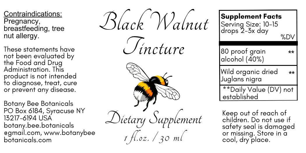 Label of Botany Bee Botanicals Black Walnut Tincture dietary supplement with text and bee illustration.