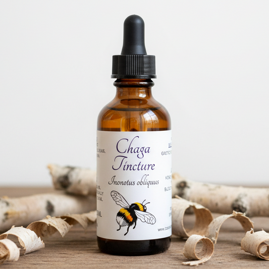 Label for Chaga Tincture with a bee illustration on a white background