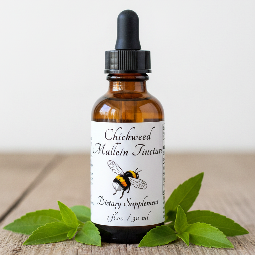 Label for Chickweed Mullein Tincture dietary supplement with a bee illustration and text.