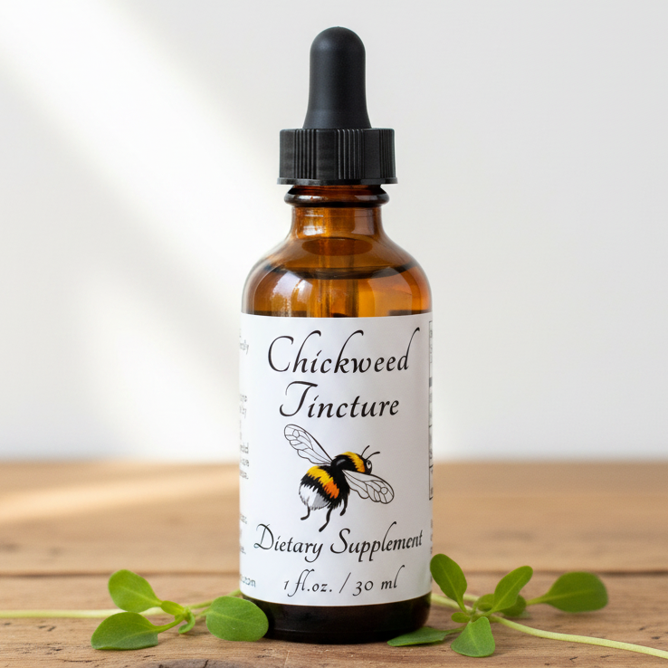 Label of Chickweed Tincture dietary supplement with bee illustration and text.