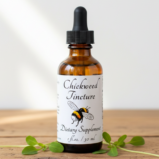 Label of Chickweed Tincture dietary supplement with bee illustration and text.