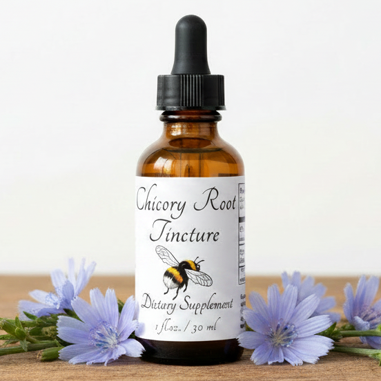 Label for Chicory Root Tincture dietary supplement with bee illustration and text.