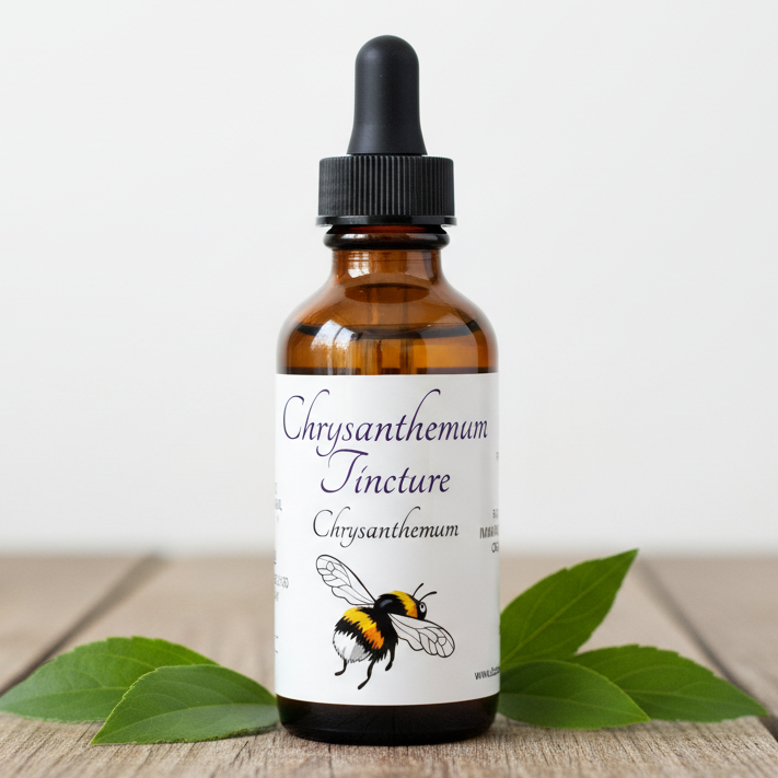 Label for Chrysanthemum Tincture with a bee illustration on a white background