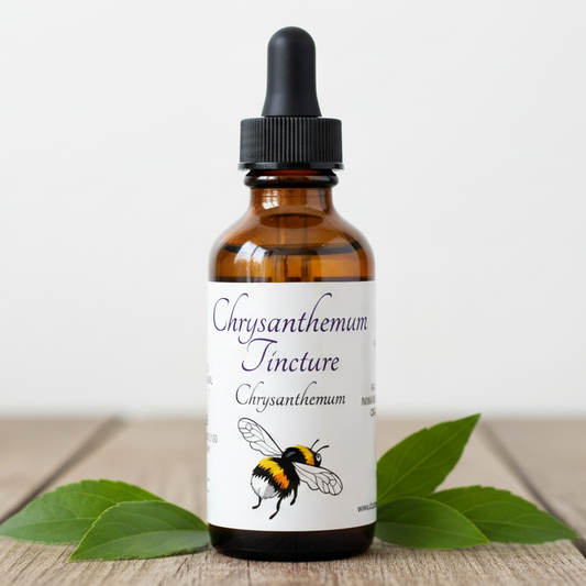 Label for Chrysanthemum Tincture with a bee illustration on a white background