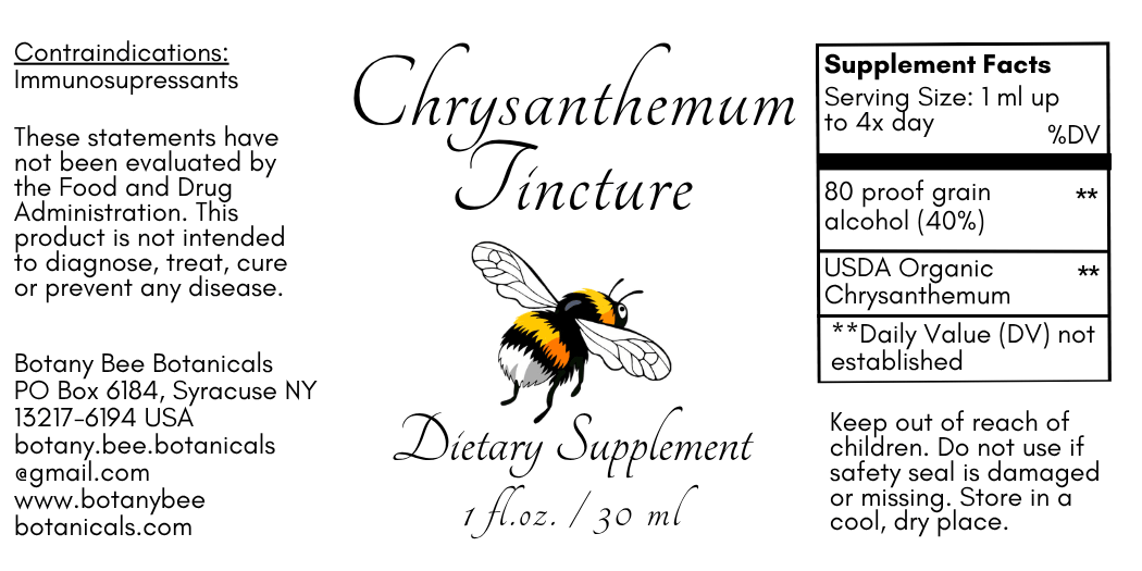 A square product label for Chrysanthemum Tincture dietary supplement by Botany Bee Botanicals, featuring a black and white bumblebee illustration, usage instructions, and a supplement facts panel on a white background.