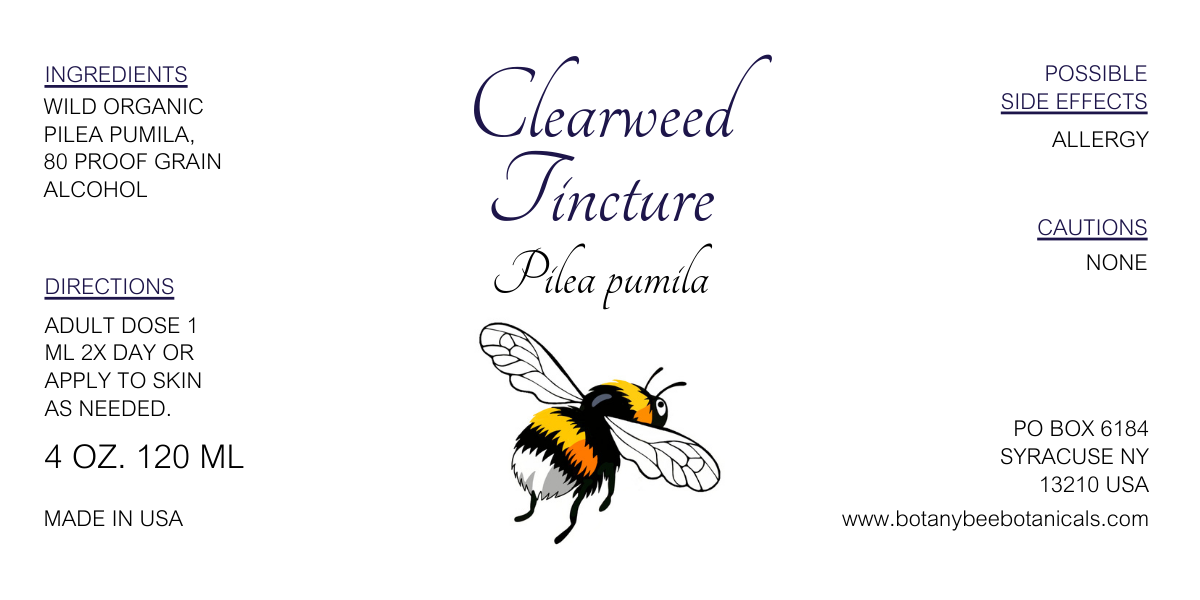 Clearweed tincture label with bee illustration and Botany Bee Botanicals contact information.