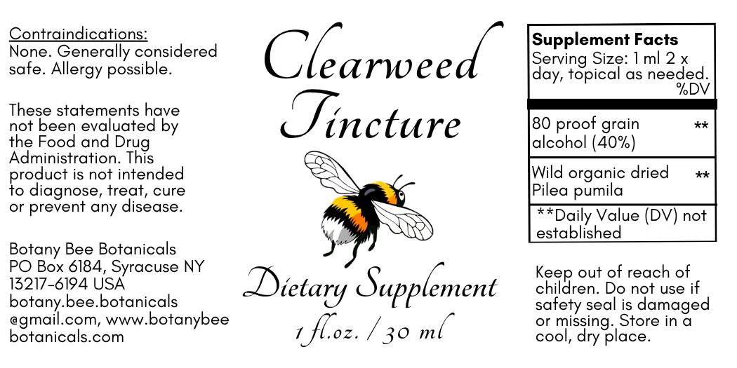 A product label for Clearweed Tincture dietary supplement by Botany Bee Botanicals, featuring a black and white design with a bumblebee illustration, usage warnings, and a supplement facts box.