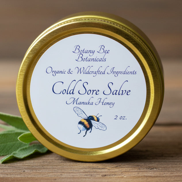 Gold lid of Botany Bee Botanicals Cold Sore Salve 