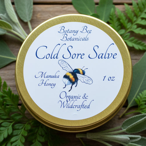 Tin of Botany Bee Botanicals Cold Sore Salve with gold lid 