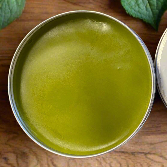 Green herbal tea in a metal tin on a wooden surface with mint leaves.