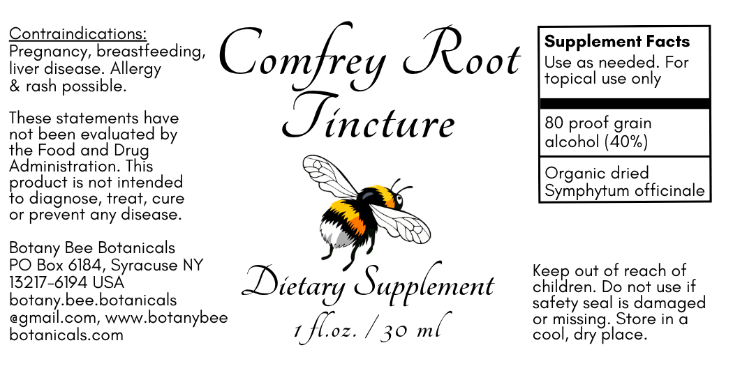 A square product label for Comfrey Root Tincture dietary supplement by Botany Bee Botanicals, featuring a black and yellow bumblebee illustration on a white background with supplement facts and contraindications text.