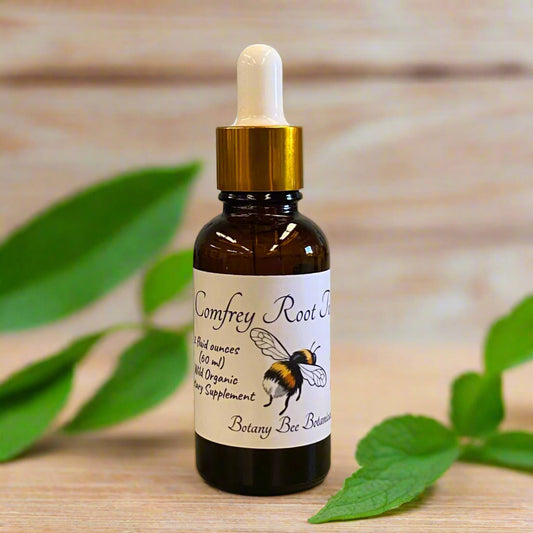 Bottle of Comfrey Root Tincture with a dropper on a kitchen counter
