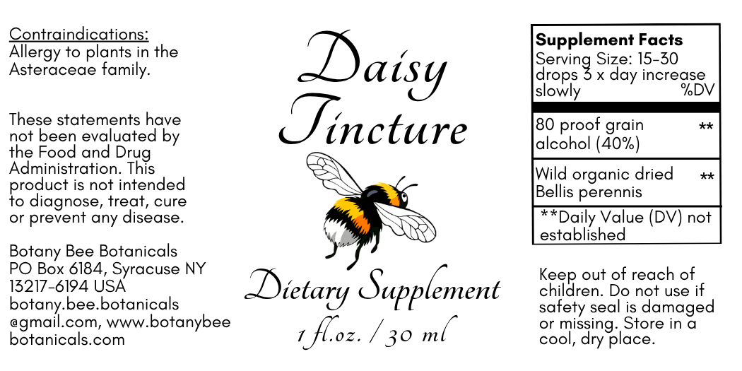 A black and white product information card for Daisy Tincture dietary supplement by Botany Bee Botanicals, featuring the brand name, a bee illustration, contraindications, and a supplement facts panel.