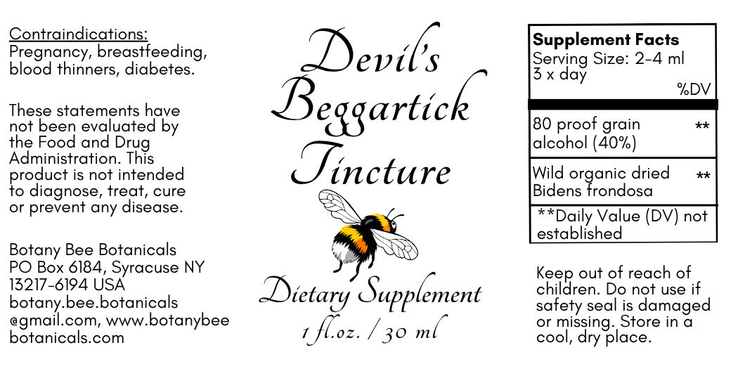 Black and white product label for Devil's Beggartick Tincture by Botany Bee Botanicals, featuring a bee illustration, product name, contraindications, and a supplement facts panel.