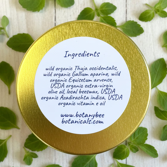 Gold container lid with white label listing ingredients and website, surrounded by green leaves on a light wooden surface.