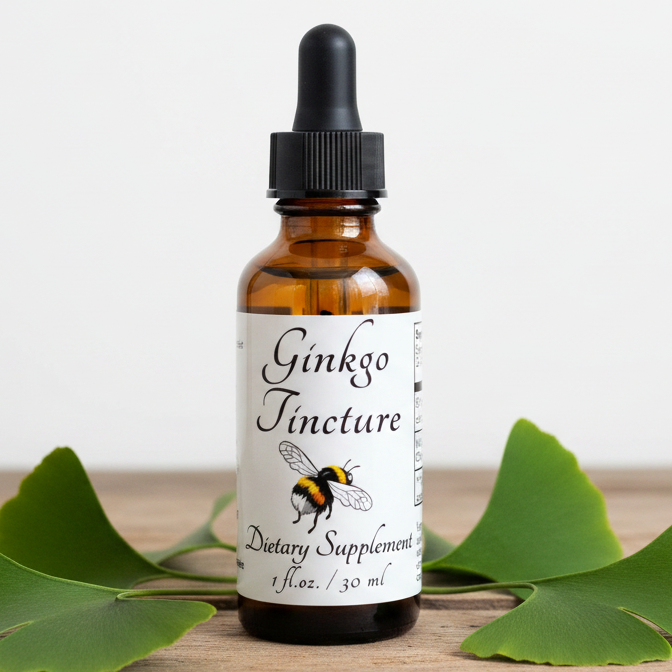 Label of Ginkgo Tincture dietary supplement with botanical bee illustration and text.