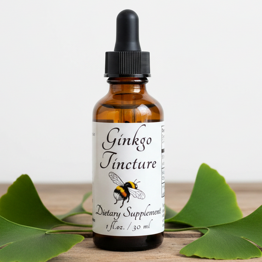 Label of Ginkgo Tincture dietary supplement with botanical bee illustration and text.