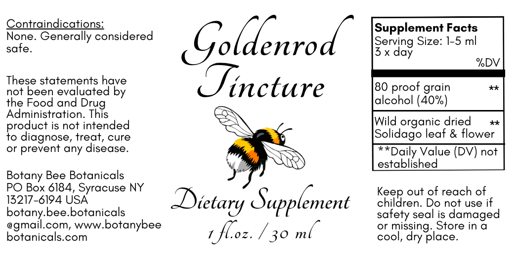 A square product label for Goldenrod Tincture dietary supplement by Botany Bee Botanicals, featuring a black and white design with a central bumblebee illustration. The label includes text for contraindications, serving size, %DV, ingredients, and storage instructions.