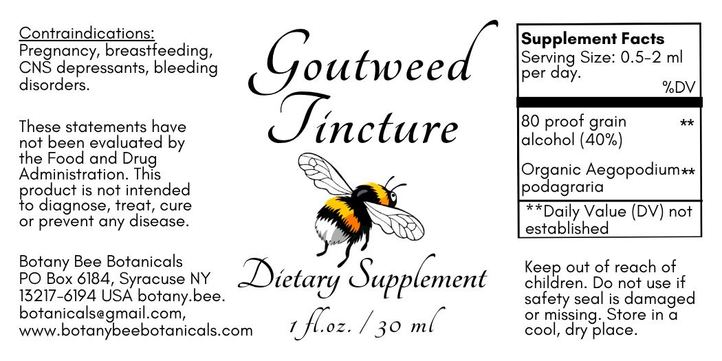 Botany Bee Botanicals Goutweed Tincture dietary supplement label, featuring a black and yellow bee illustration, product name, serving size, and supplement facts on a white background.