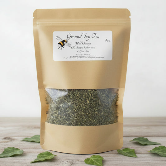 Ground Ivy tea package with green leaves on a wooden surface