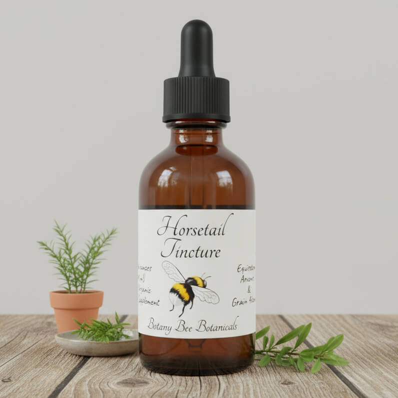 An amber glass dropper bottle labeled 'Horsetail Tincture' by Botany Bee Botanicals, styled on a wooden surface with small potted plants and greenery against a light gray background.