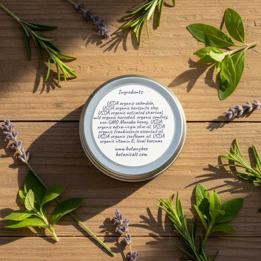 Tin lid with ingredient list on a wooden surface