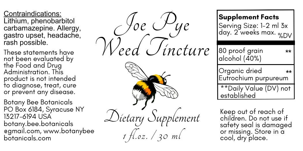 Label for Joe Pye Weed Tincture dietary supplement with bee illustration and text.