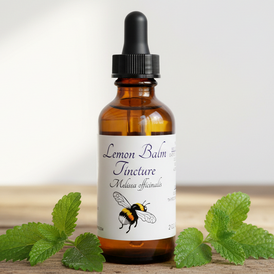 Lemon Balm Tincture label with bee illustration and text details