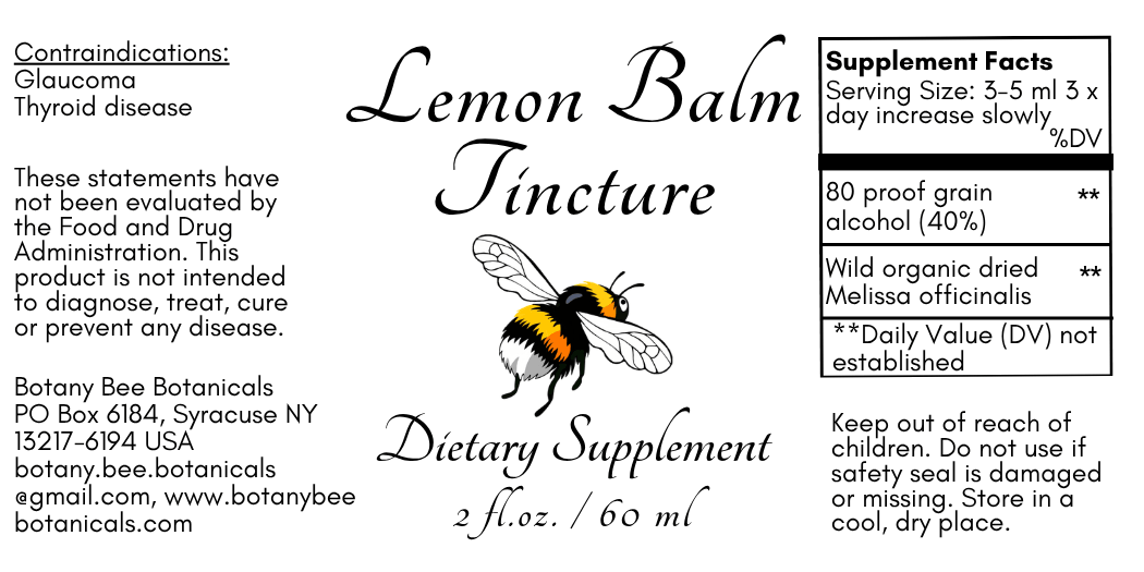 A square product label for Lemon Balm Tincture dietary supplement by Botany Bee Botanicals, featuring a black-and-yellow bumblebee illustration and supplement facts text on a white background.