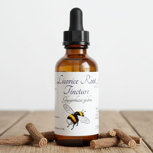 Label for Licorice Root Tincture with botanical illustration and text details.