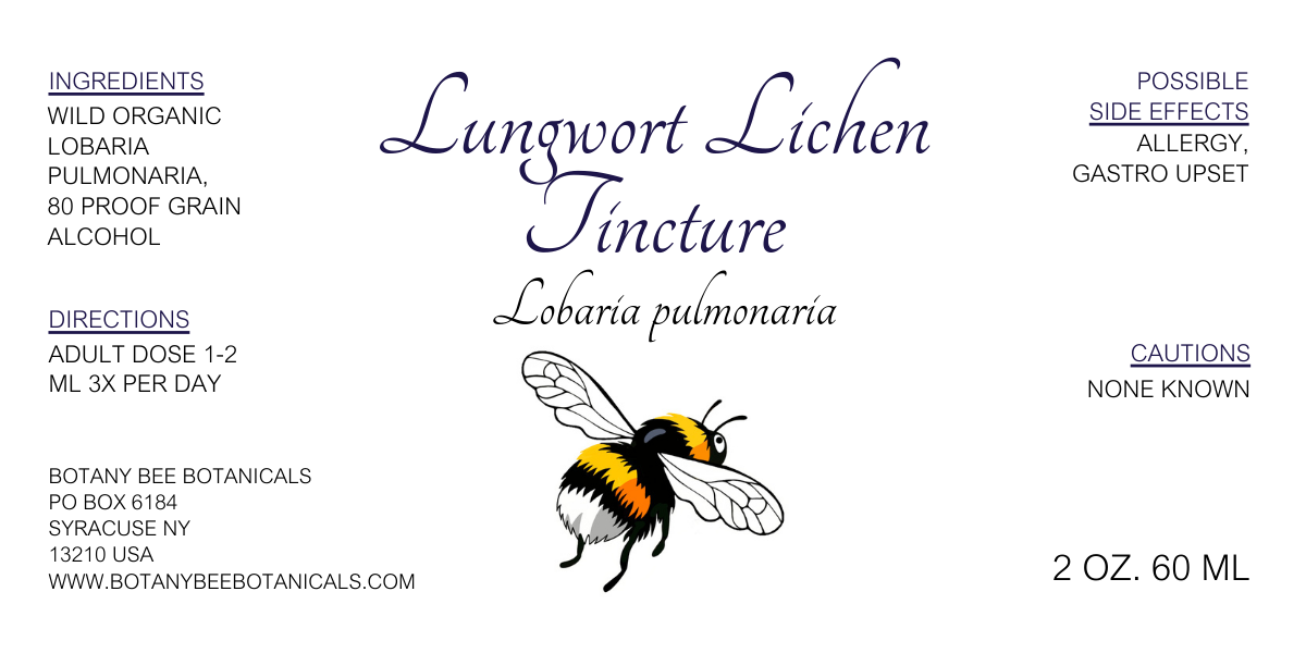 Label for Lungwort Lichen Tincture with a bee illustration and text about ingredients, directions, and contact information.