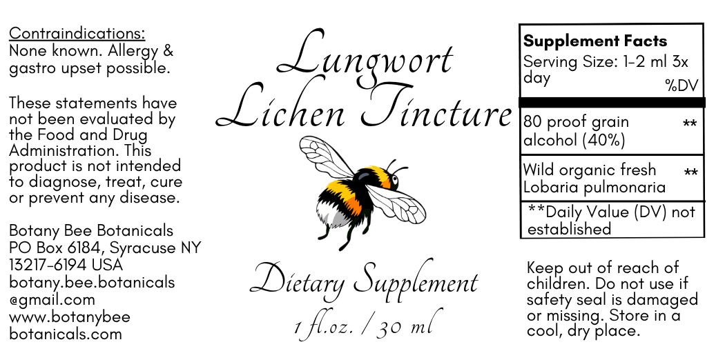 A square product label for Botany Bee Botanicals Lungwort Lichen Tincture, featuring a black and yellow bumblebee illustration, product name in elegant script, usage warnings, and a supplement facts panel on a white background.