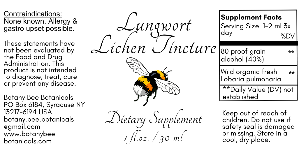 Label for Botany Bee Botanicals Lungwort Lichen Tincture dietary supplement with bee illustration and text.