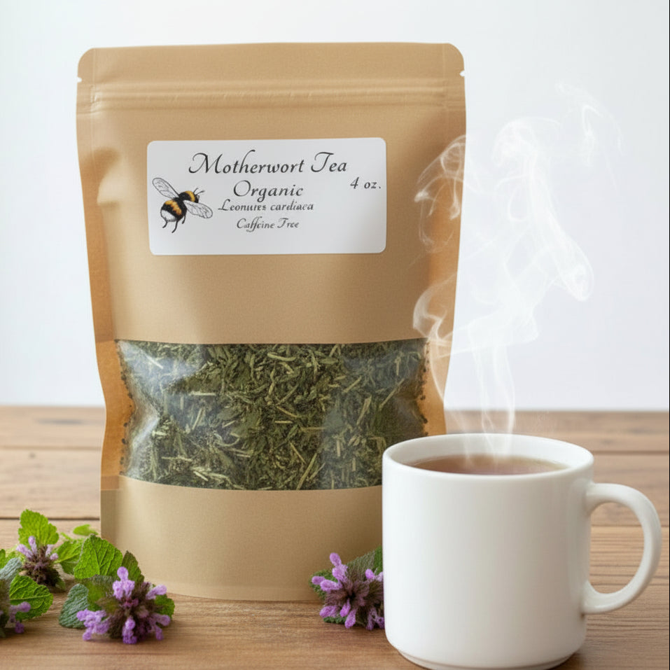 Kraft paper packaging of Motherwort Tea with a label on a wooden surface.